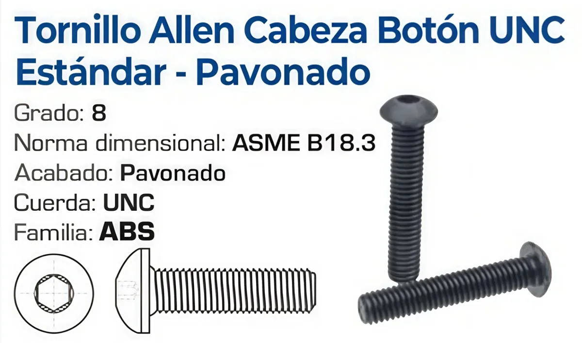 Tornillo Allen Cabeza Botón UNC Grado 8 Pavonado – Varias Medidas