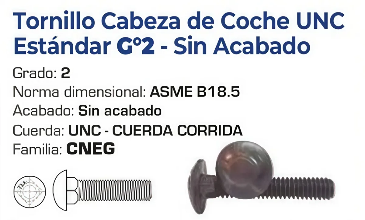 Tornillo Cabeza de Coche UNC Grado 2 Sin Acabado – Varias Medidas