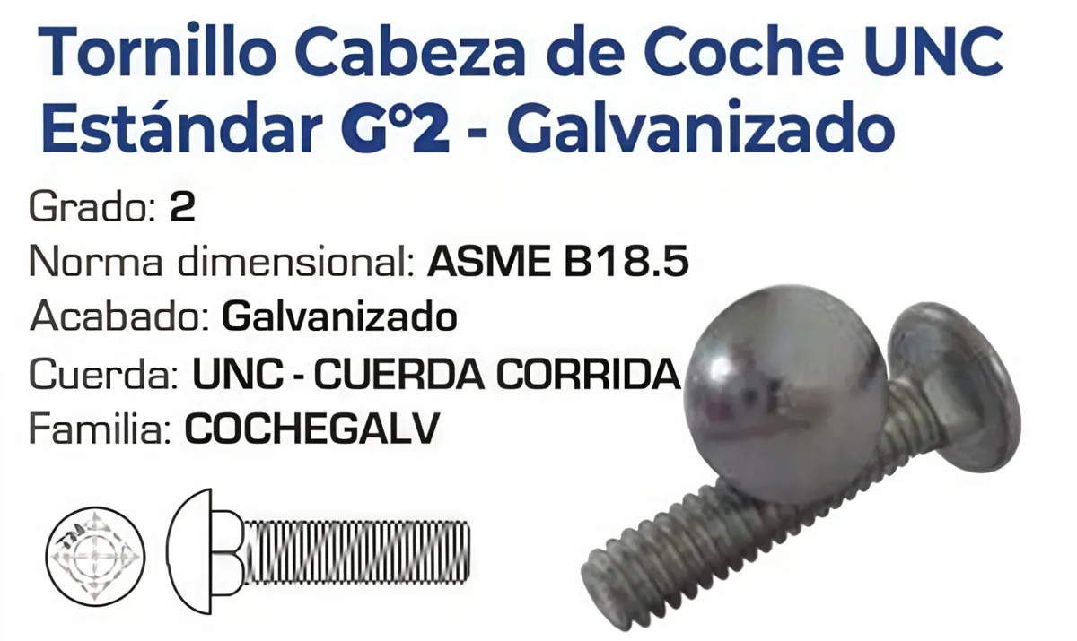 Tornillo Cabeza de Coche UNC Grado 2 Galvanizado – Varias Medidas