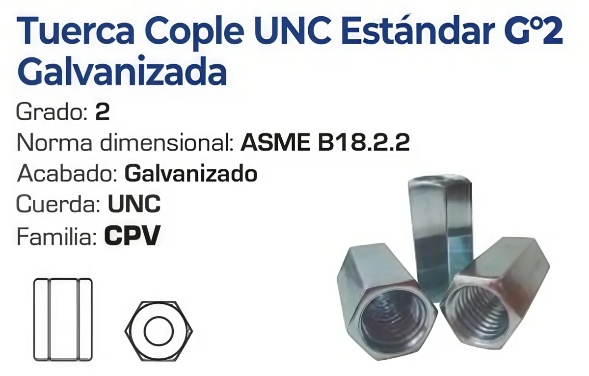Tuerca Cople UNC Estándar Grado 2 Galvanizada – Varias Medidas