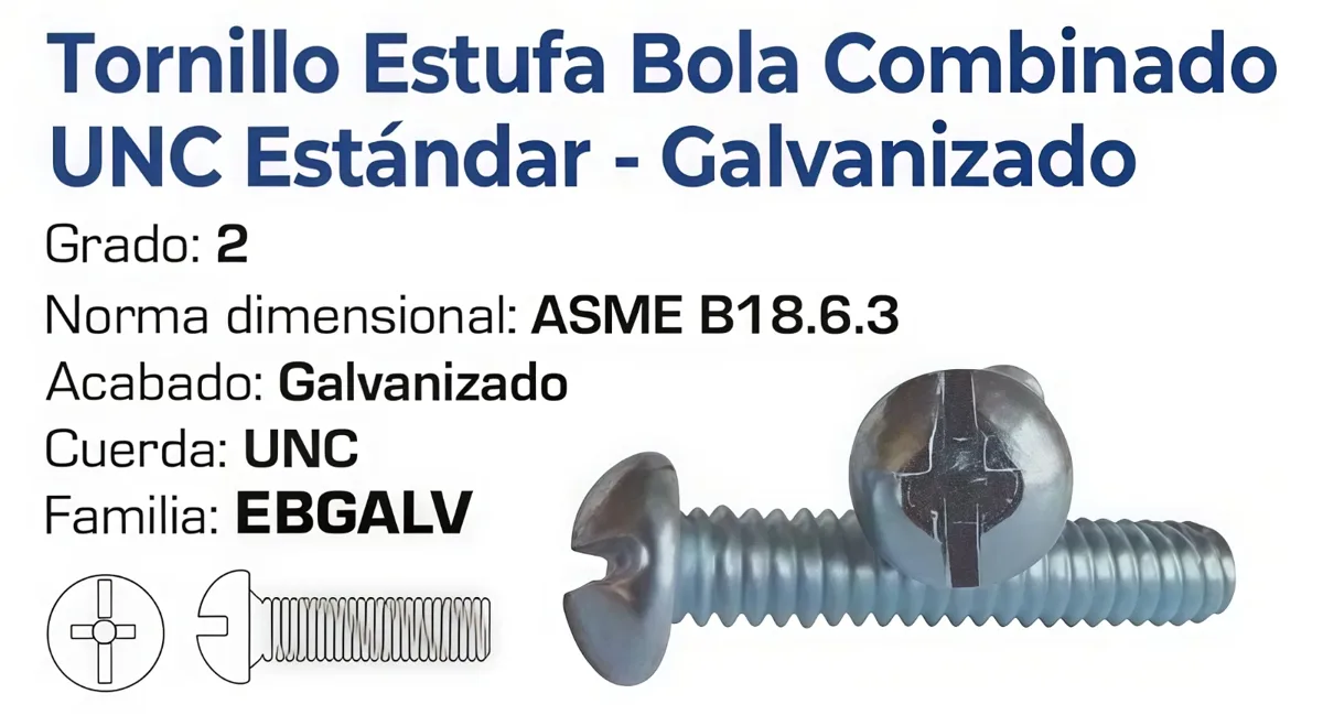 Tornillo Estufa Bola Combinado UNC Grado 2 Galvanizado – Varias Medidas