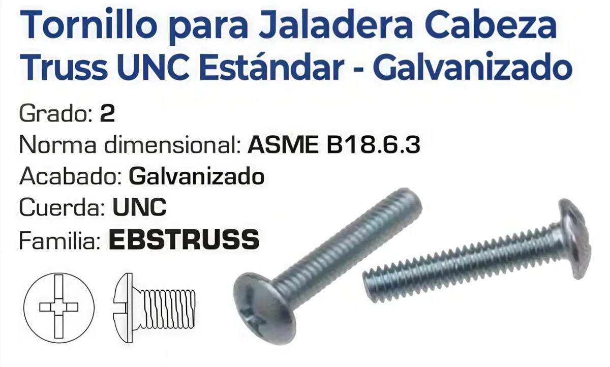 Tornillo para Jaladera Cabeza Truss UNC Grado 2 Galvanizado – Varias Medidas
