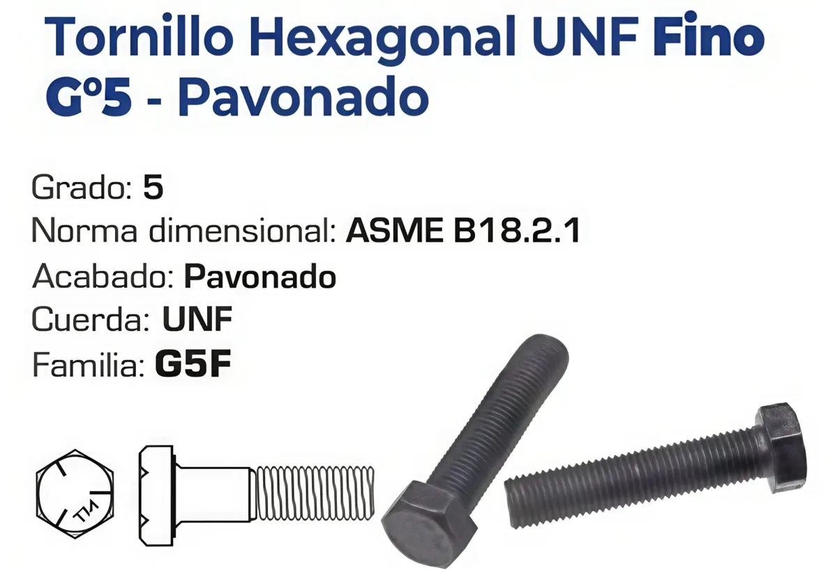 Tornillo Hexagonal UNF Rosca Fina Grado 5 Pavonado – Varias Medidas