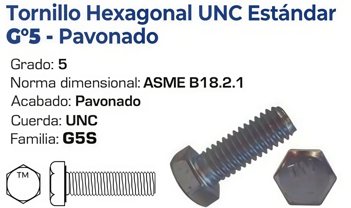 Tornillo Hexagonal UNC Grado 5 Pavonado – Varias Medidas