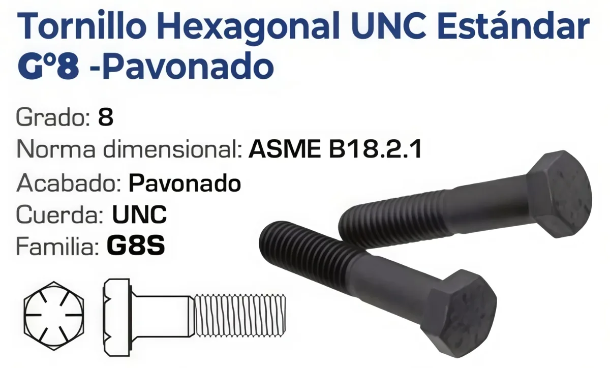 Tornillo Hexagonal UNC Grado 8 Pavonado – Varias Medidas