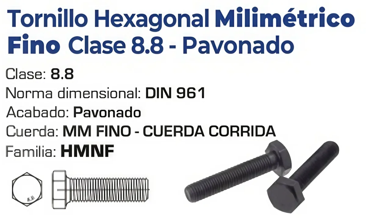 Tornillo Hexagonal Métrico Fino Clase 8.8 Pavonado – Varias Medidas