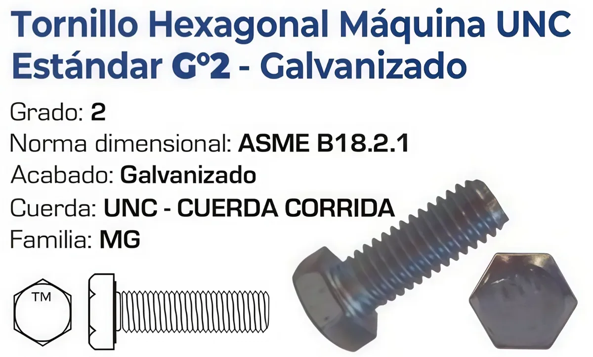 Tornillo Hexagonal Máquina UNC Grado 2 Galvanizado – Varias Medidas