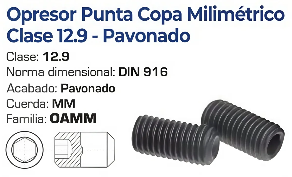Opresor Punta Copa Milimétrico Clase 12.9 Pavonado – Varias Medidas