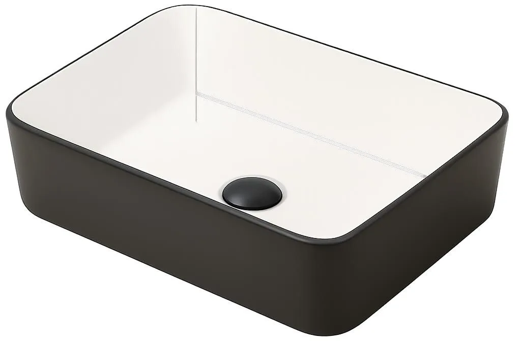 LAVABO DE BAÑO CERAMICO RECTANGULAR DE SOBREPONER SIN REBOSADERO 48X37X13 BCO Y NEGRO