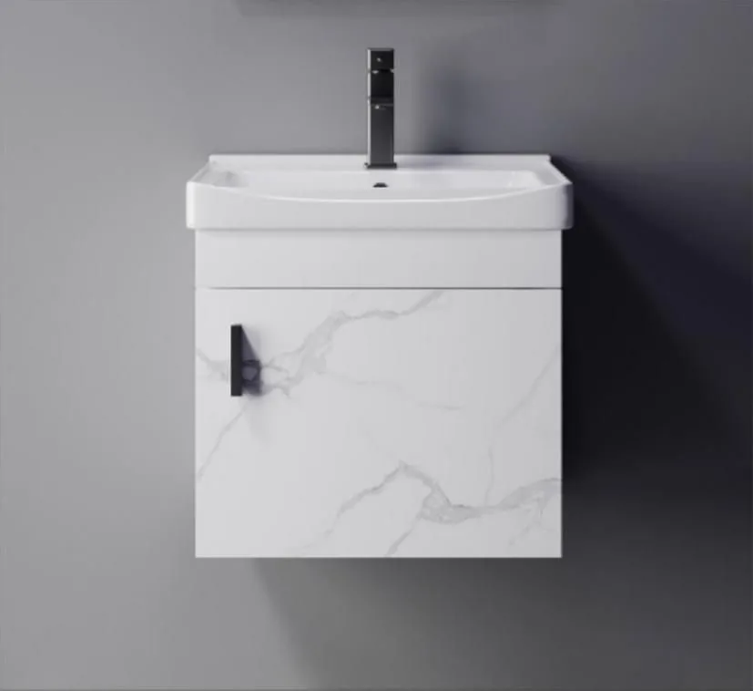 GABINETE DE BAÑO FLOTANTE  CON LAVABO 50cmx41.5cm - Acabado blanco  marmoleado gris