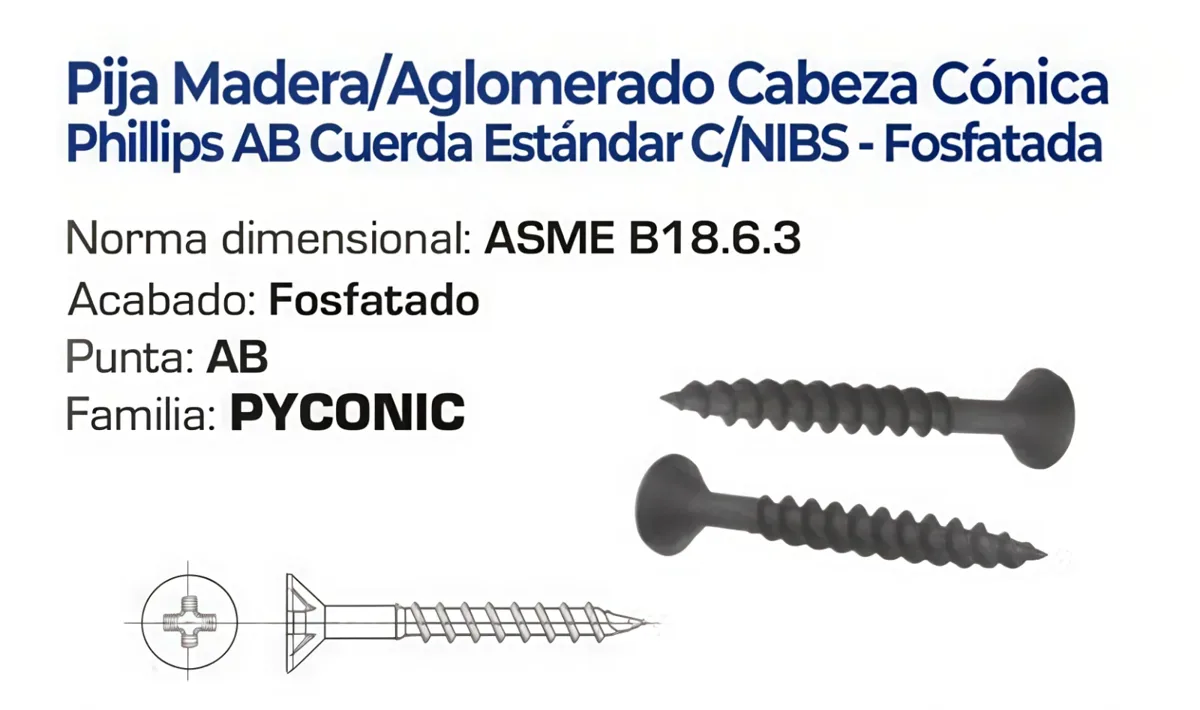Pija para Madera y Aglomerado Cabeza Cónica Phillips Punta AB Fosfatada