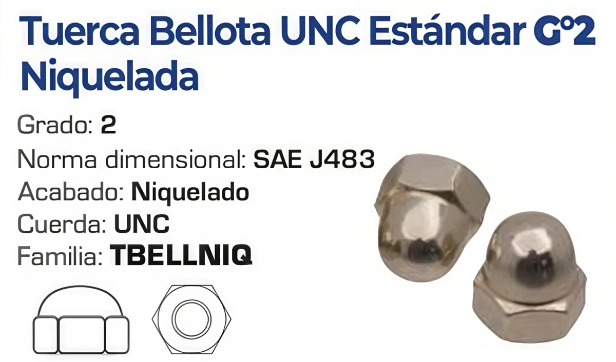 Tuerca Bellota UNC Estándar Grado 2 Niquelada – Varias Medidas