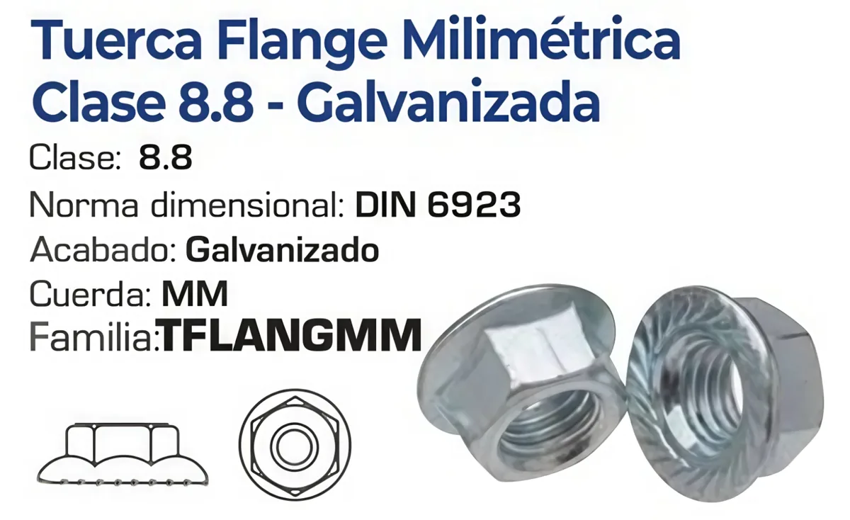 Tuerca Flange Milimétrica Clase 8.8 Galvanizada – Varias Medidas