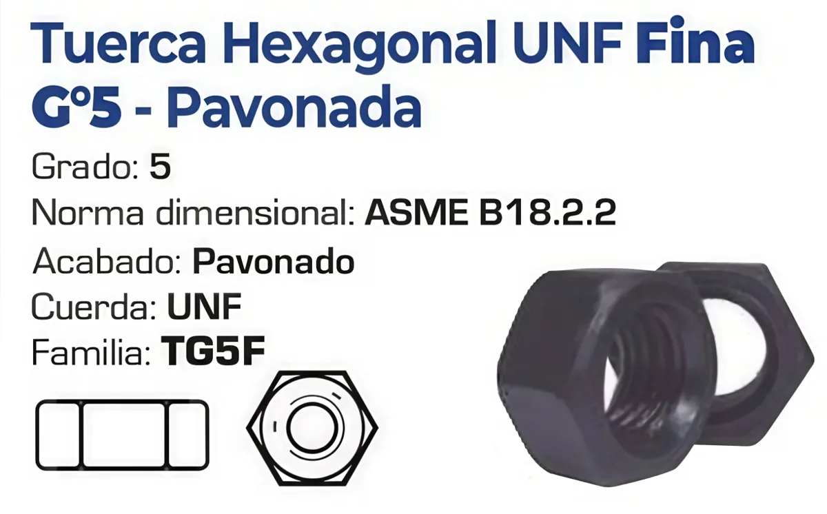 Tuerca Hexagonal UNF Fina Grado 5 Pavonada – Varias Medidas