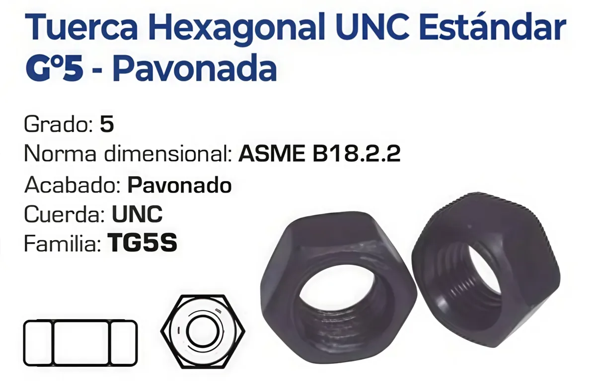 Tuerca Hexagonal UNC Estándar Grado 5 Pavonada – Varias Medidas