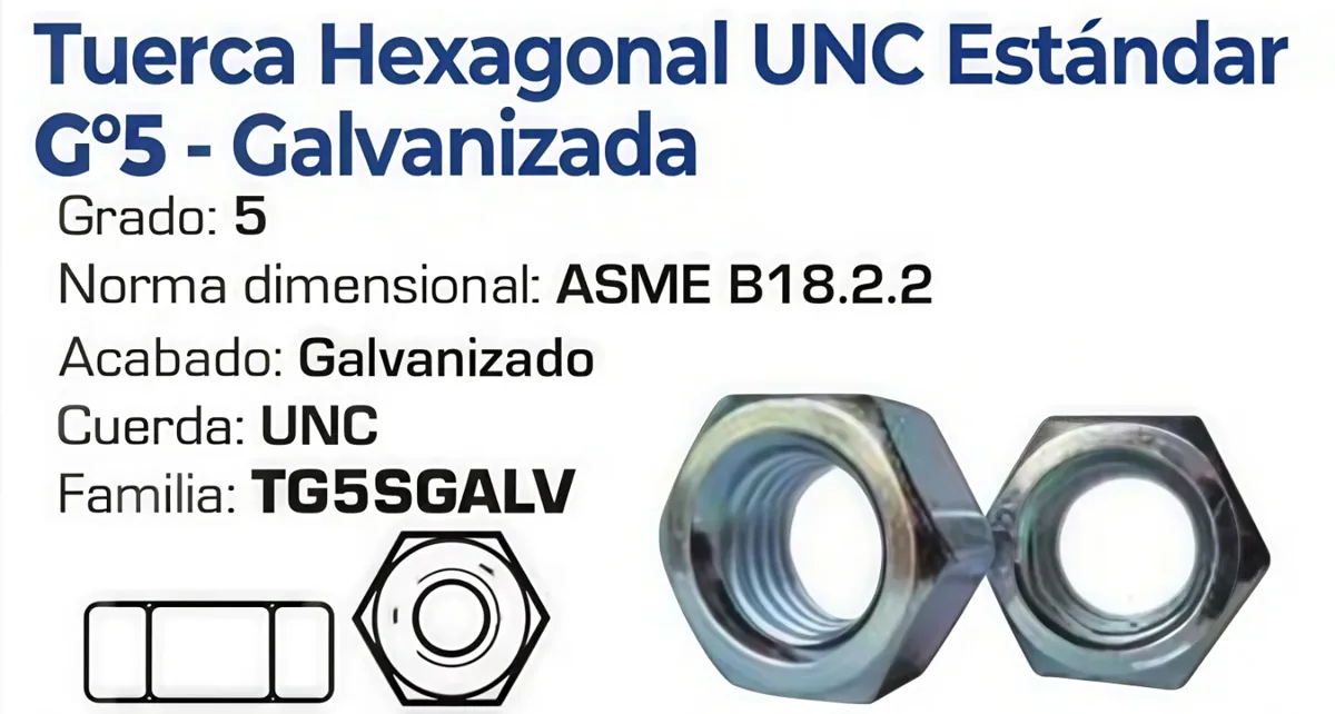 Tuerca Hexagonal UNC Estándar G°5 Galvanizada