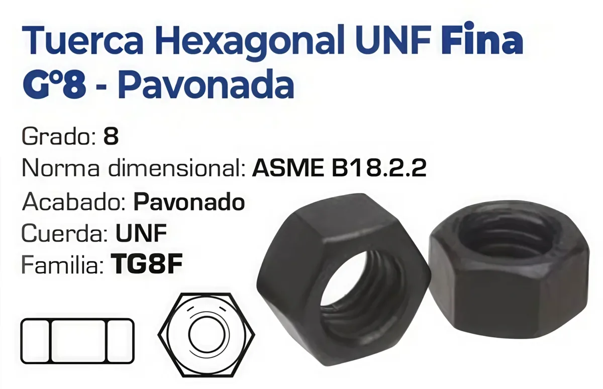 Tuerca Hexagonal UNF Fina Grado 8 Pavonada – Varias Medidas