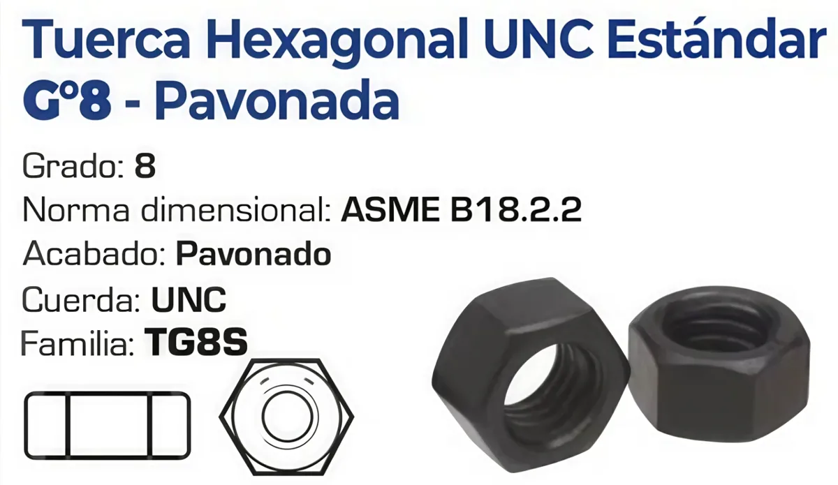 Tuerca Hexagonal UNC Estándar Grado 8 Pavonada – Varias Medidas
