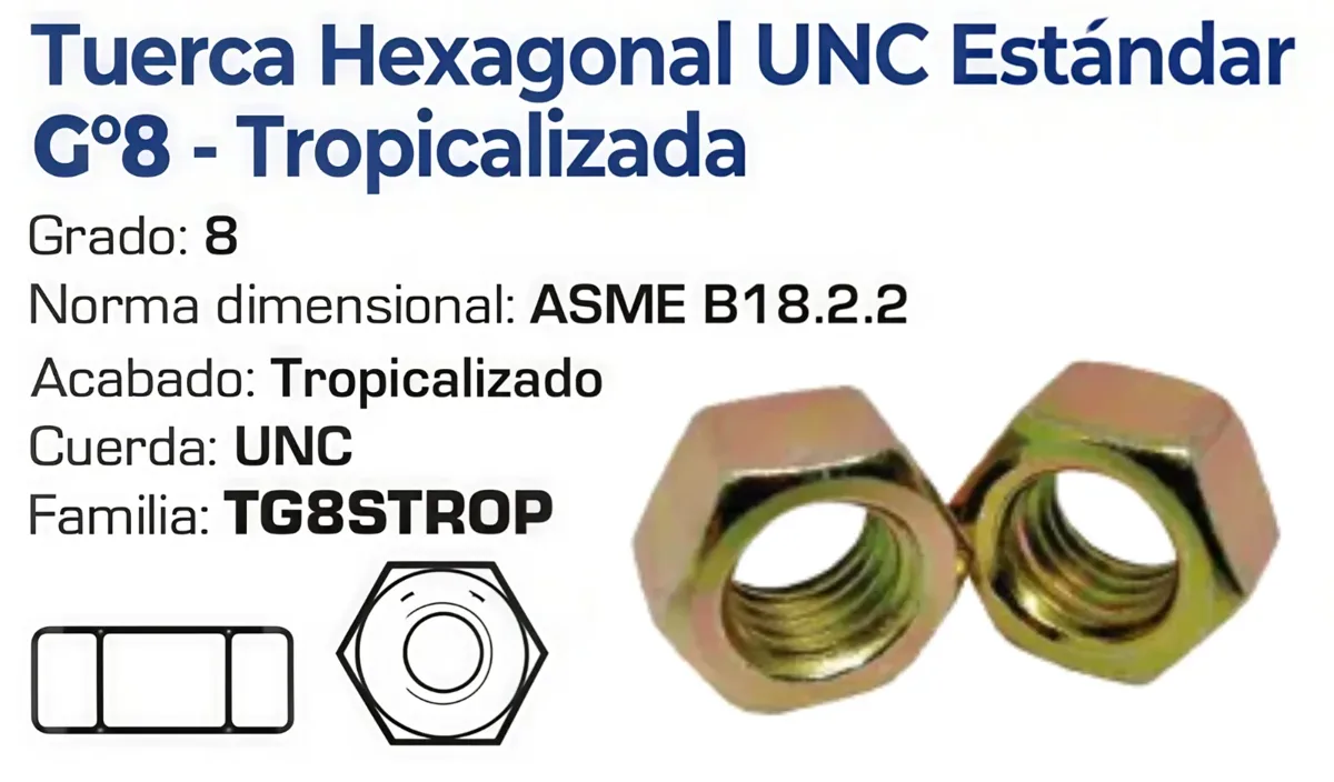 Tuerca Hexagonal UNC Estándar Grado 8 Tropicalizada – Varias Medidas