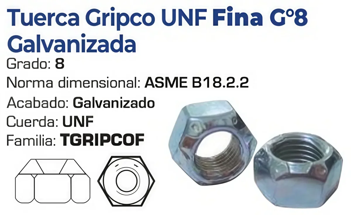 Tuerca Gripco UNF Fina Grado 8 Galvanizada – Varias Medidas