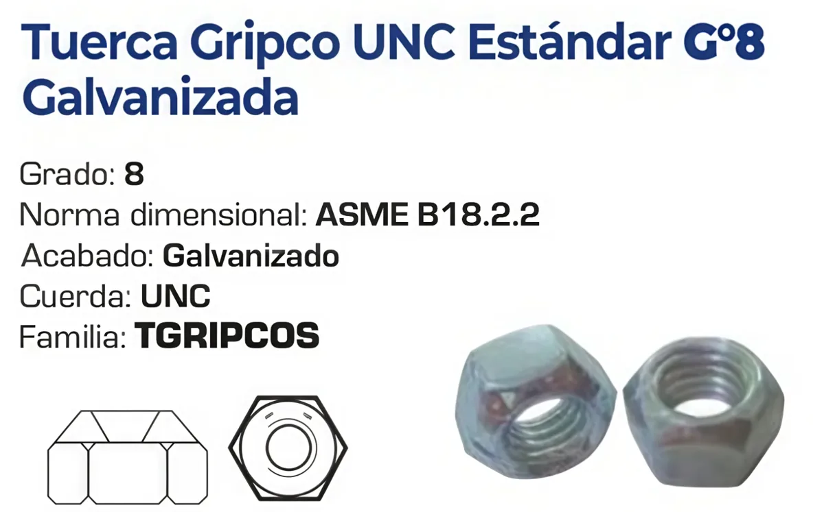 Tuerca Gripco UNC Estándar Grado 8 Galvanizada – Varias Medidas