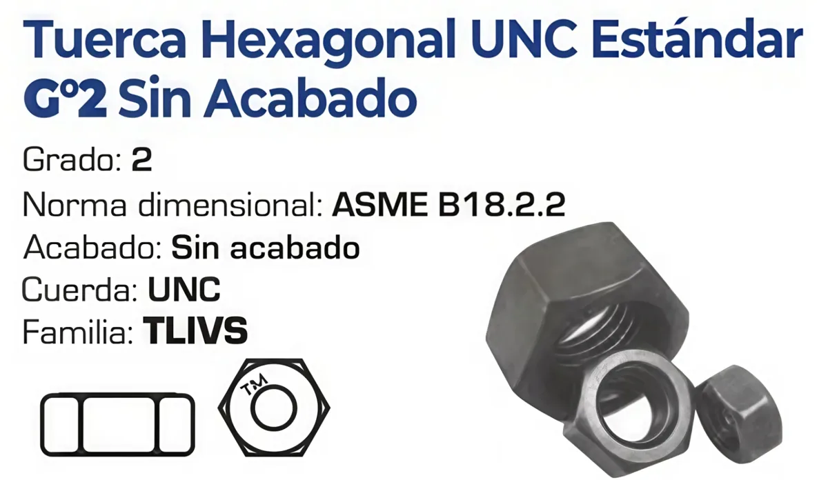 Tuerca Hexagonal UNC Estándar Grado 2 Sin Acabado – Varias Medidas