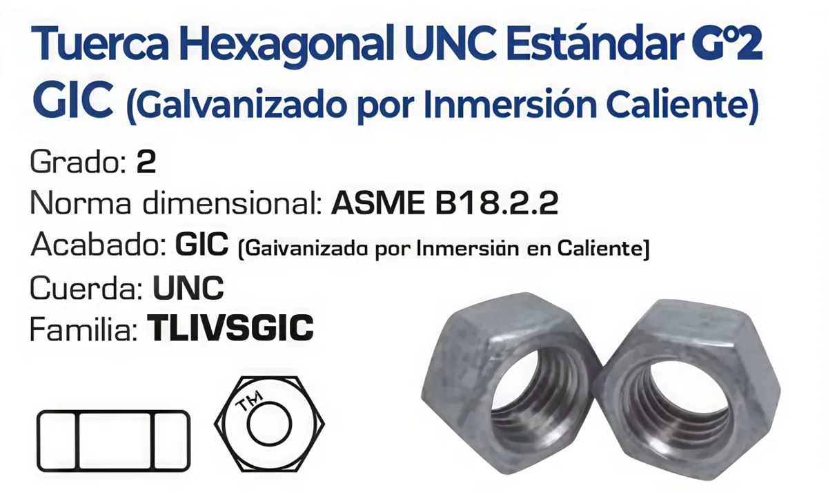 Tuerca Hexagonal UNC Estándar Grado 2 GIC Galvanizada por Inmersión en Caliente – Varias Medidas