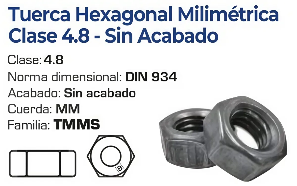 Tuerca Hexagonal Milimétrica Clase 4.8 Sin Acabado – Varias Medidas