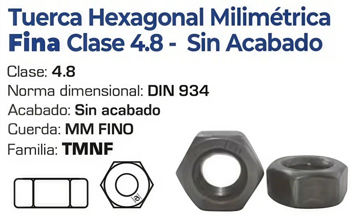 Tuerca Hexagonal Milimétrica Fina Clase 4.8 Sin Acabado