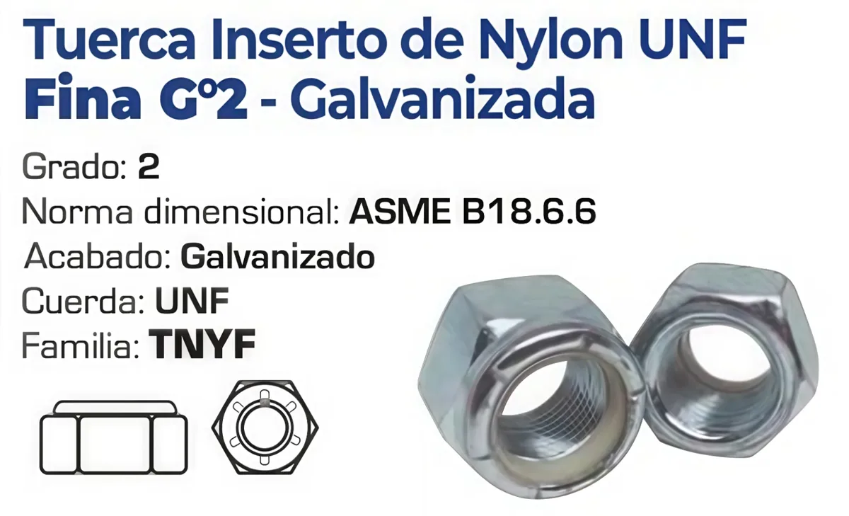 Tuerca Inserto de Nylon UNF Fina Grado 2 Galvanizada – Varias Medidas