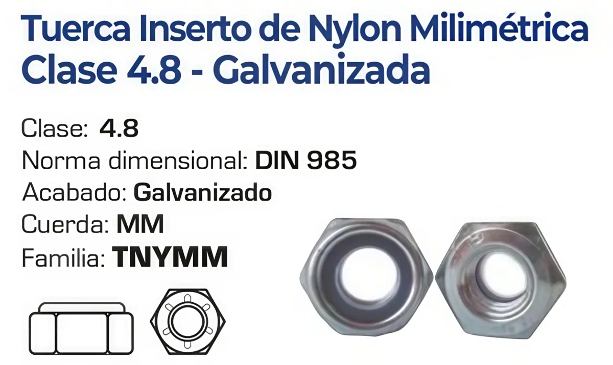 Tuerca Inserto de Nylon Milimétrica Clase 4.8 Galvanizada – Varias Medidas