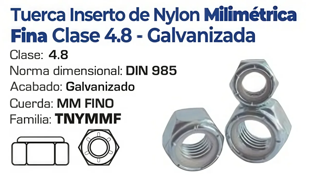 Tuerca Inserto de Nylon Milimétrica Fina Clase 4.8 Galvanizada DIN 985
