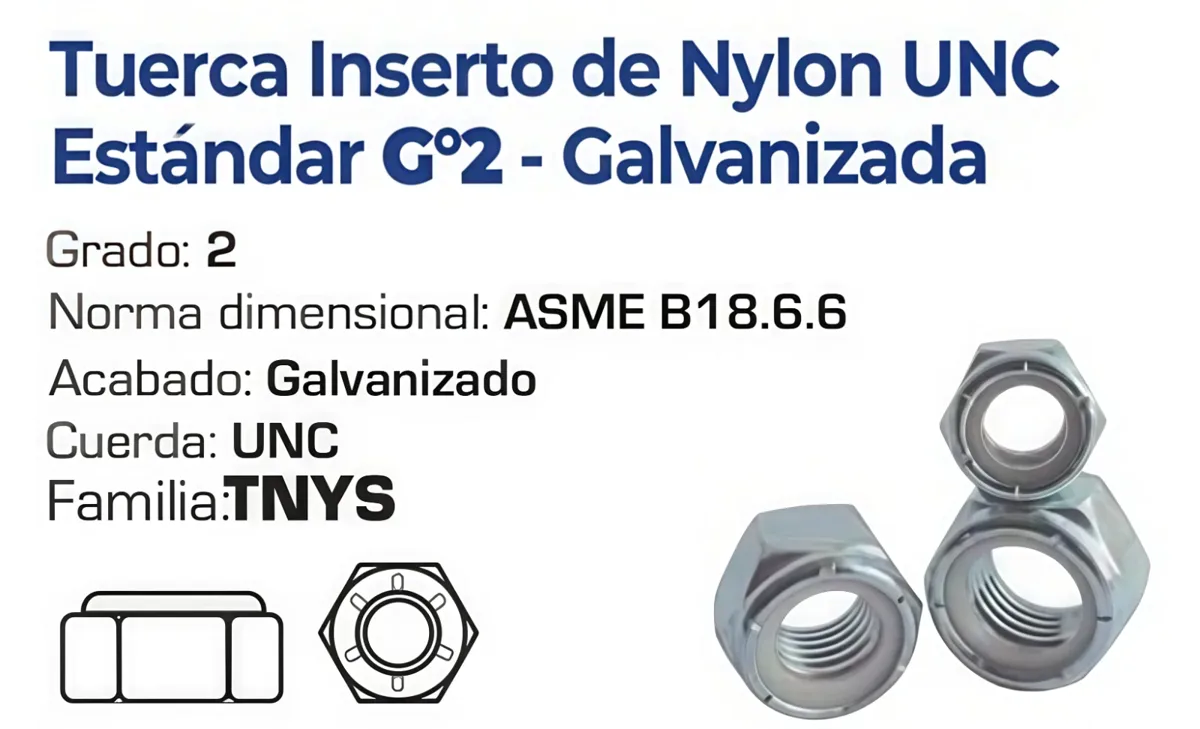 Tuerca Inserto de Nylon UNC Estándar Grado 2 Galvanizada – Varias Medidas