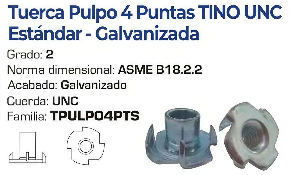 Tuerca Pulpo de 4 Puntas TINO Rosca UNC Estándar Galvanizada - Varias Medidas