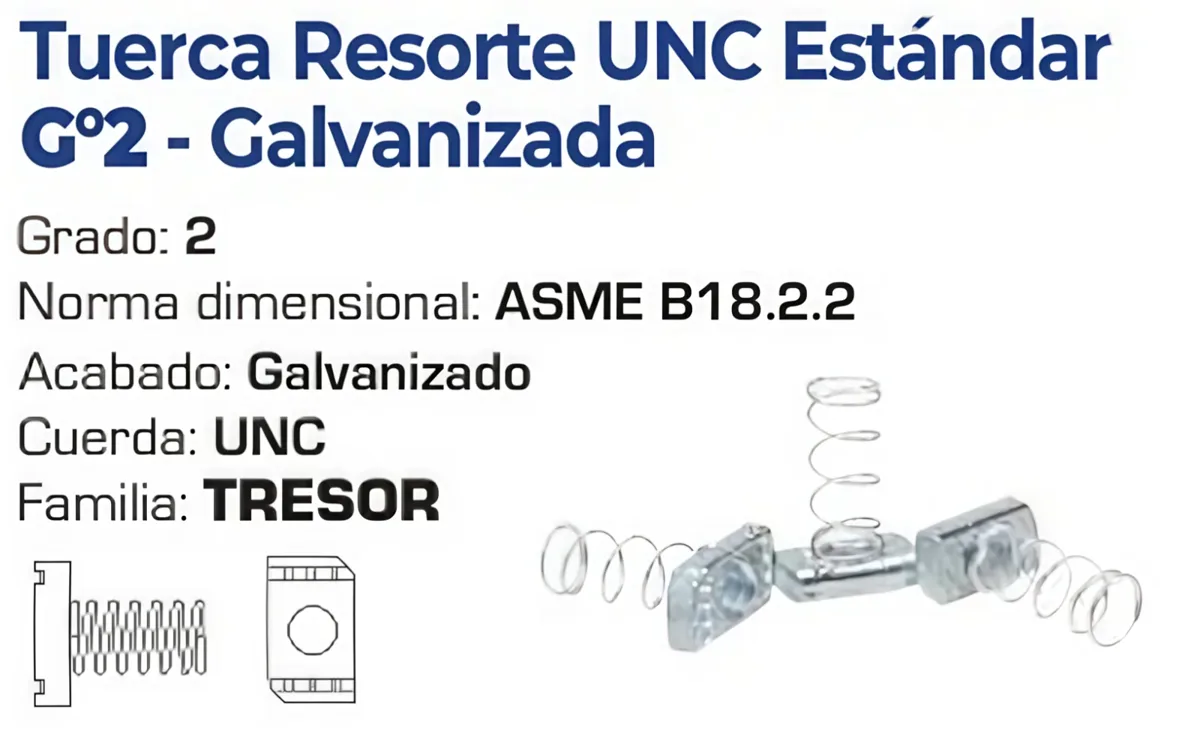 Tuerca Resorte UNC Estándar Grado 2 Galvanizada – Varias Medidas